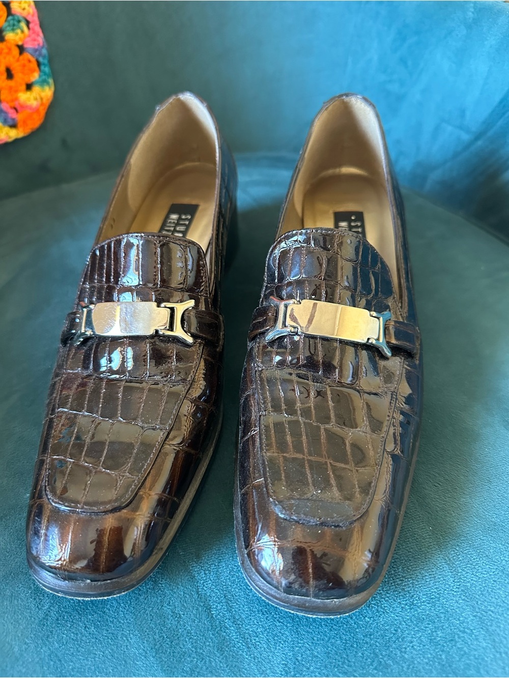 Stuart Weitzman Brown Croc Embossed Horsebit Loafer Heels 9.5 AA - Picture 4 of 16